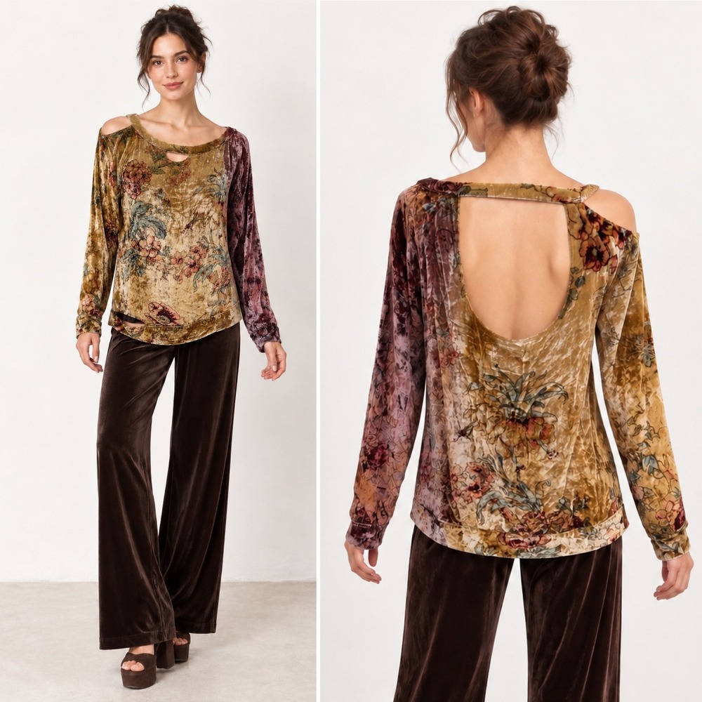 Chasor Velvet Floral Burnout Top S Cold Shoulder Open Back Long Sleeve Gold Plum